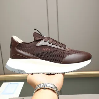 Hugo Boss Brown Knit and Leather Lifestyle Sneakers