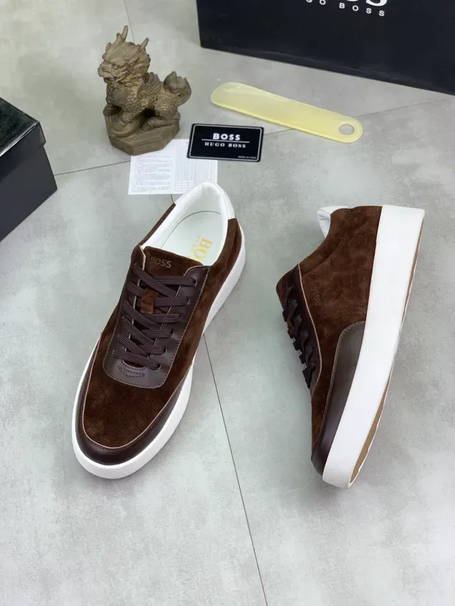 Hugo Boss حذاء رياضي أسلوبي بني من السويد والجلد مع لوحات 5
