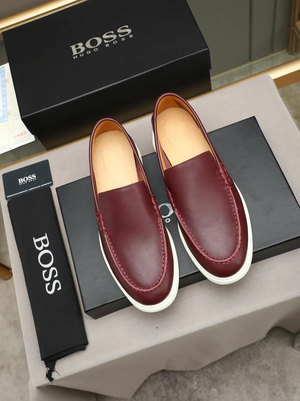 Hugo Boss Burgundy White Moc-Toe Construction Contrast Topstitching Loafer 2
