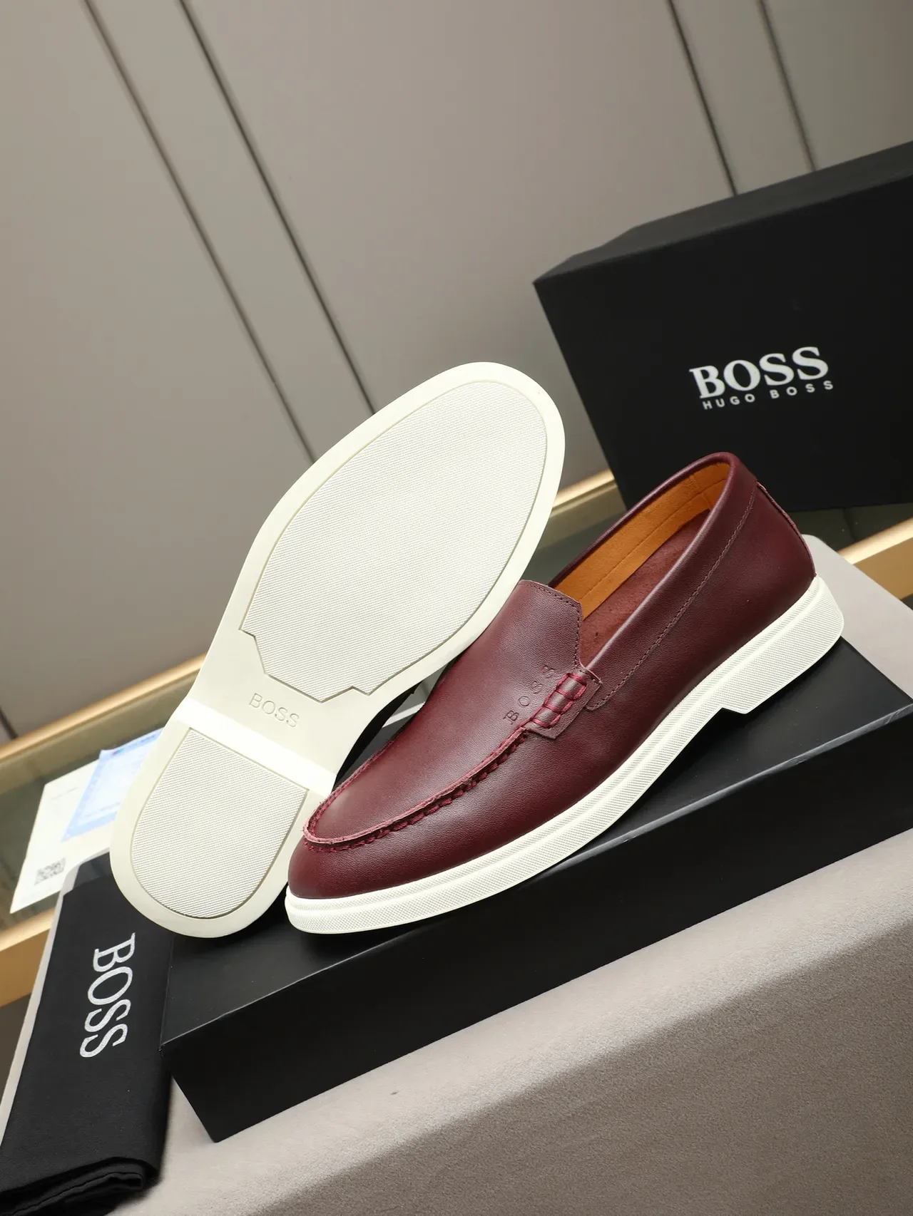 Hugo Boss Burgundy White Moc-Toe Construction Contrast Topstitching Loafer 4