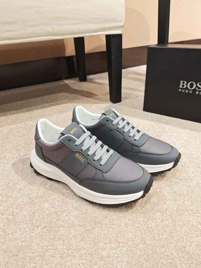 Hugo Boss Gray White Mixed-Material Upper Layered Chunky Sole Sneakers 4