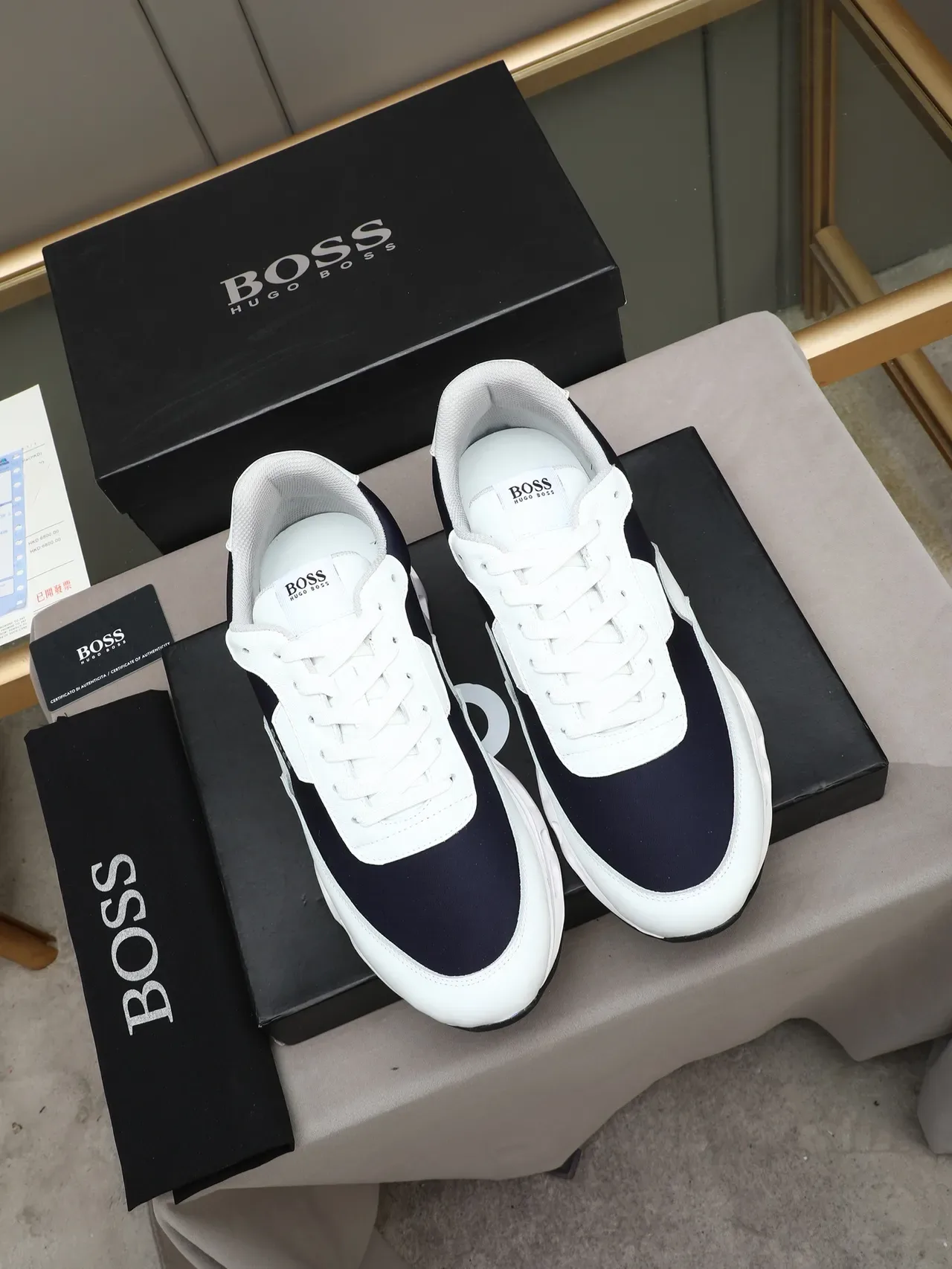 Hugo Boss White Navy Panelled Leather And Textile Upper Contrasting Side Stripe Sneakers 2