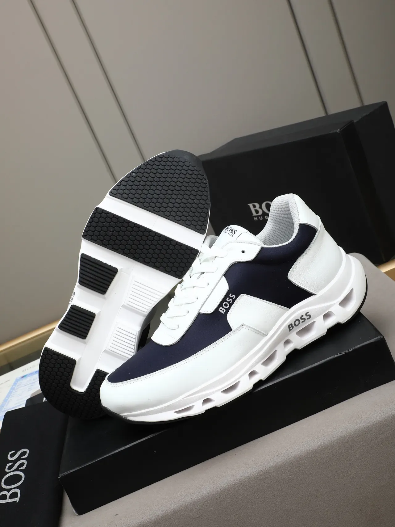 Hugo Boss White Navy Panelled Leather And Textile Upper Contrasting Side Stripe Sneakers 4
