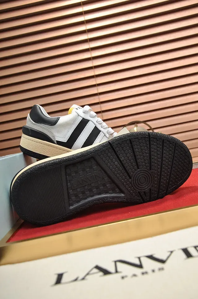 Lanvin White Black Mixed-Material Upper Side Stripe Branding Lifestyle Sneakers 4