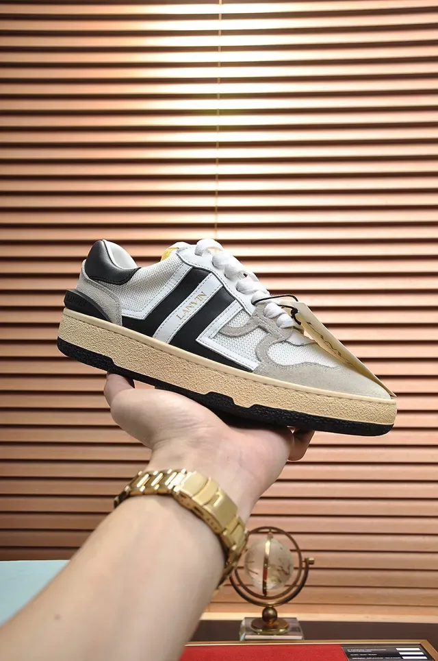 Lanvin White Black Mixed-Material Upper Side Stripe Branding Lifestyle Sneakers 7