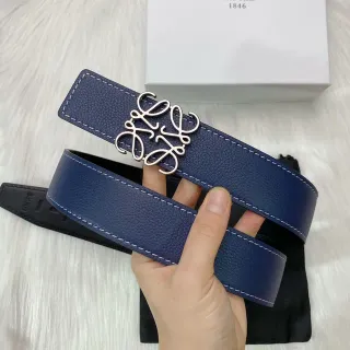 Loewe Anagram Belt Navy White Pebbled Contrast Stitching Leather Belt