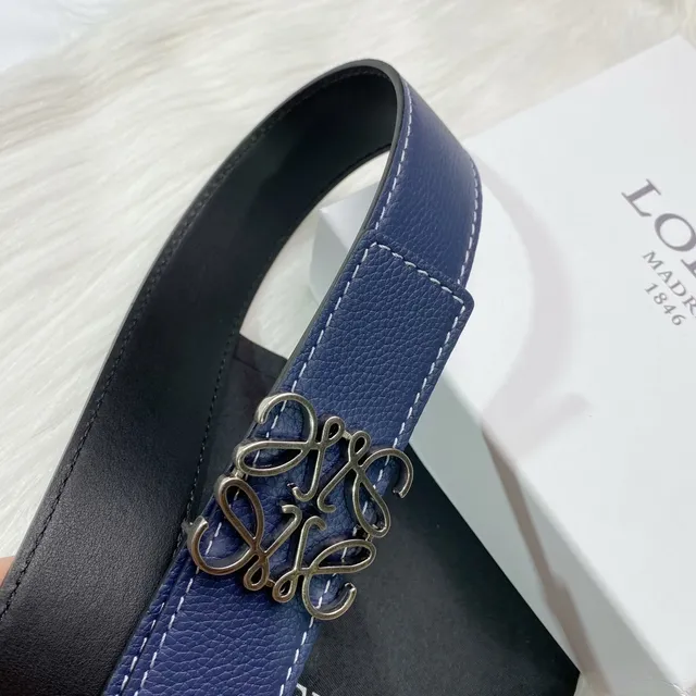 Loewe Anagram Belt Navy White Pebbled Contrast Stitching Leather Belt 2