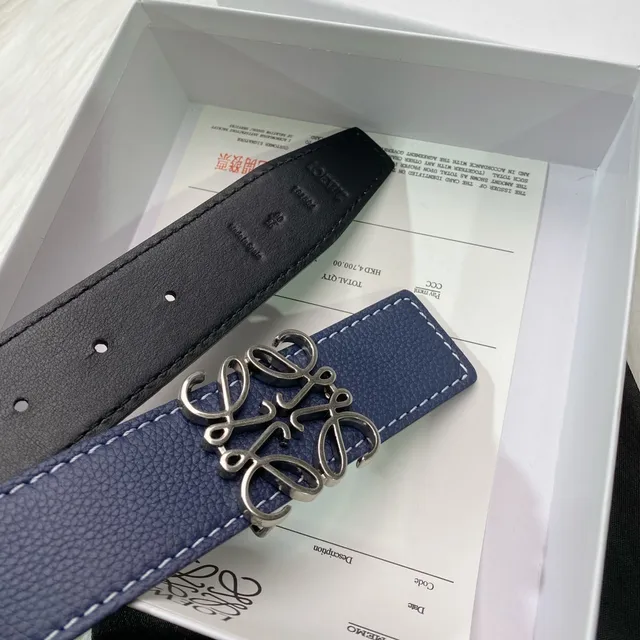 Loewe Anagram Belt Navy White Pebbled Contrast Stitching Leather Belt 3
