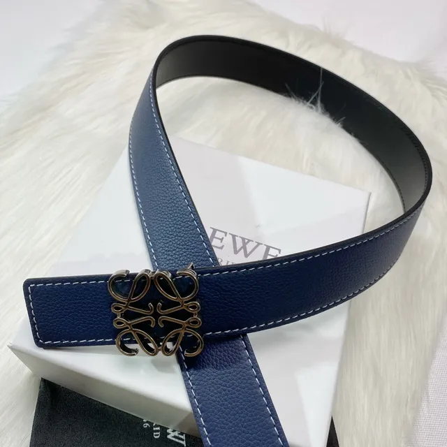 Loewe Anagram Belt Navy White Pebbled Contrast Stitching Leather Belt 6
