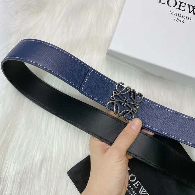 Loewe Anagram Belt Navy White Pebbled Contrast Stitching Leather Belt 8
