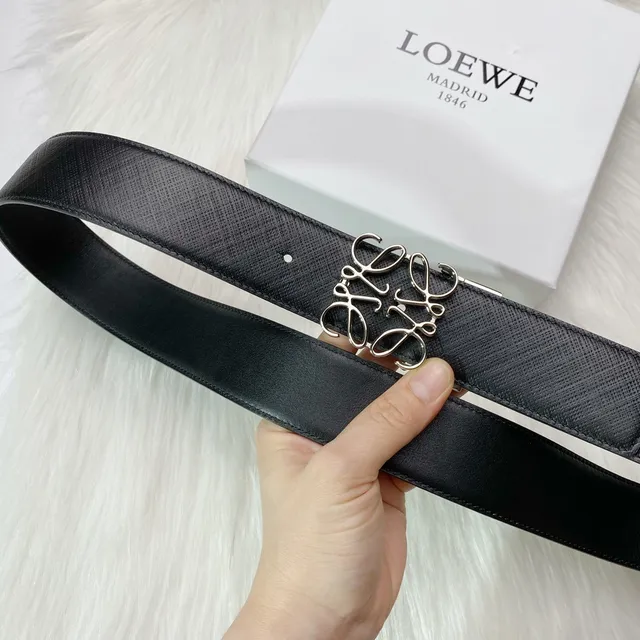 Loewe Anagram Black Silver Buckle Textured Leather Belt 2