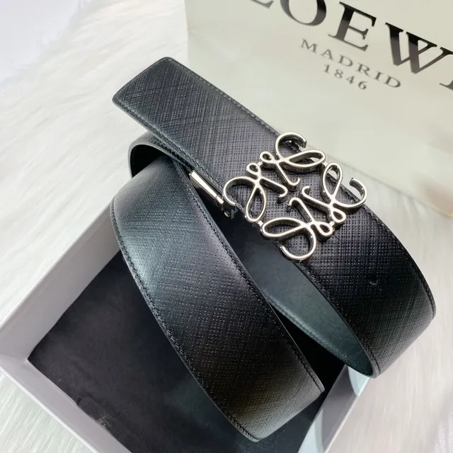 Loewe Anagram Black Silver Buckle Textured Leather Belt 3