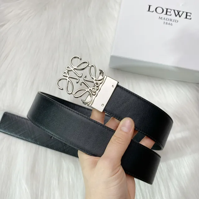 Loewe Anagram Black Silver Buckle Textured Leather Belt 5