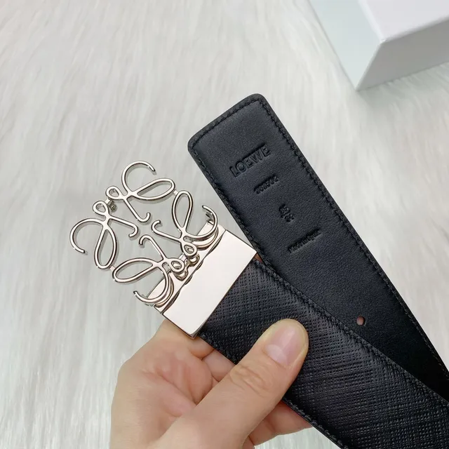Loewe Anagram Black Silver Buckle Textured Leather Belt 8