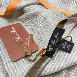 Loro Piana Beige Orange Woven Embroidered Logo Cashmere Scarf