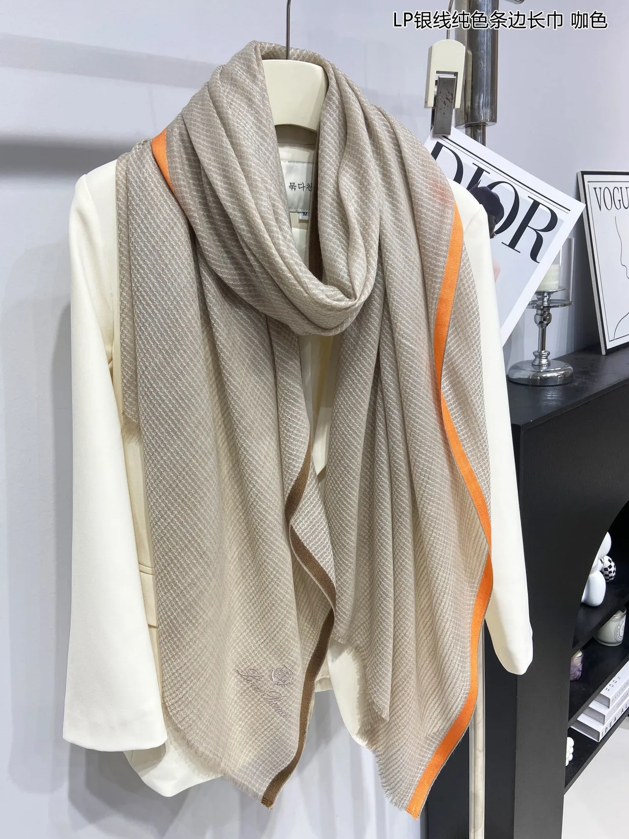 Loro Piana Beige Orange Woven Embroidered Logo Cashmere Scarf 7