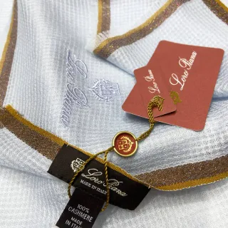 Loro Piana Blue Gold Lightweight Weave Embroidered Brand Script Cashmere Scarf