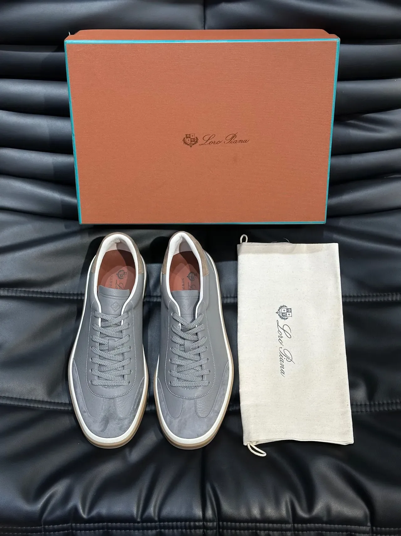 Loro Piana Gris Beige Low-Top Daim Cuir Mélange Lifestyle Sneakers 3