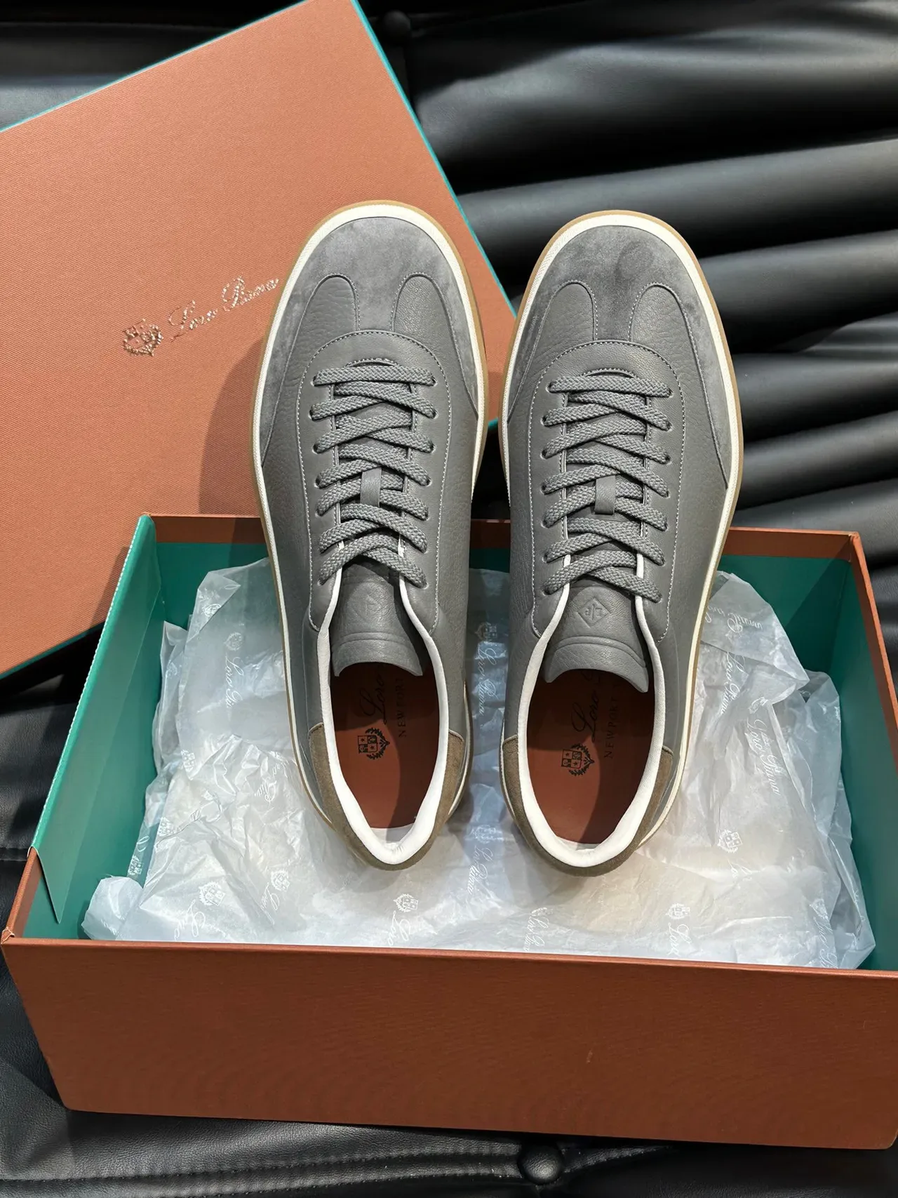 Loro Piana Gris Beige Low-Top Daim Cuir Mélange Lifestyle Sneakers 5