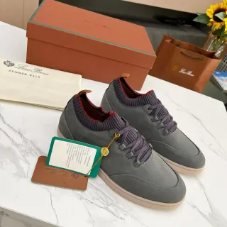 Loro Piana Gray Suede Knit-Collar Lifestyle Sneakers