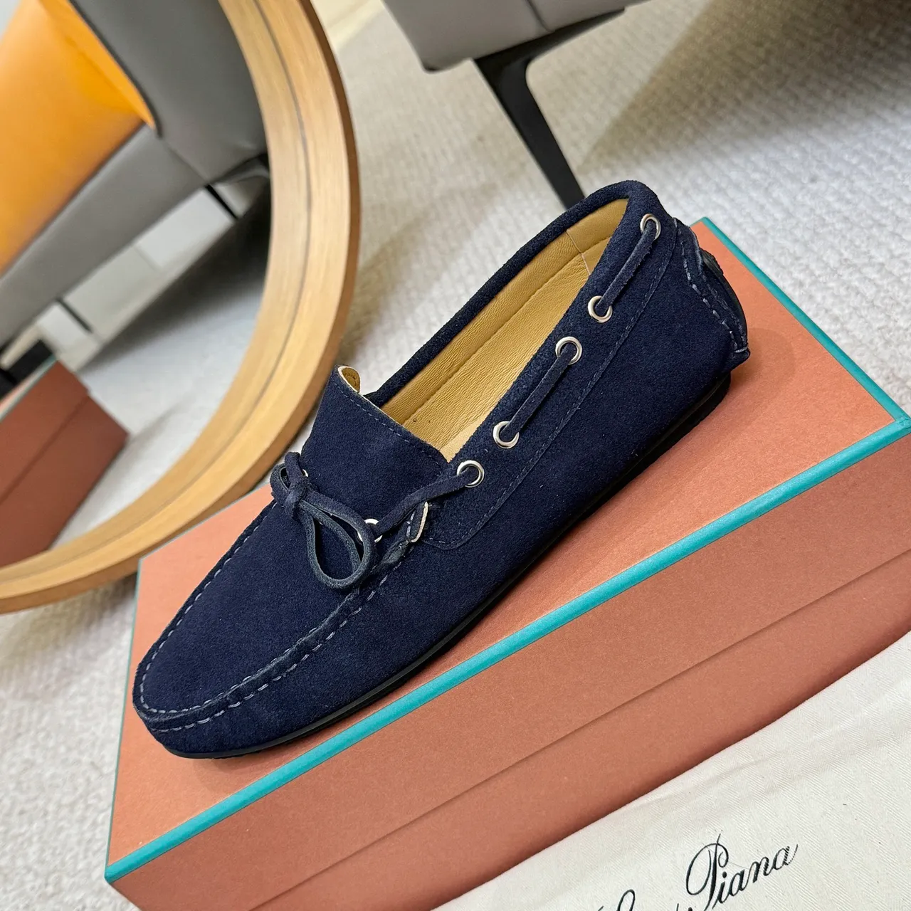 Loro Piana LP Dots Walk Navy Suede Boat Shoes 6