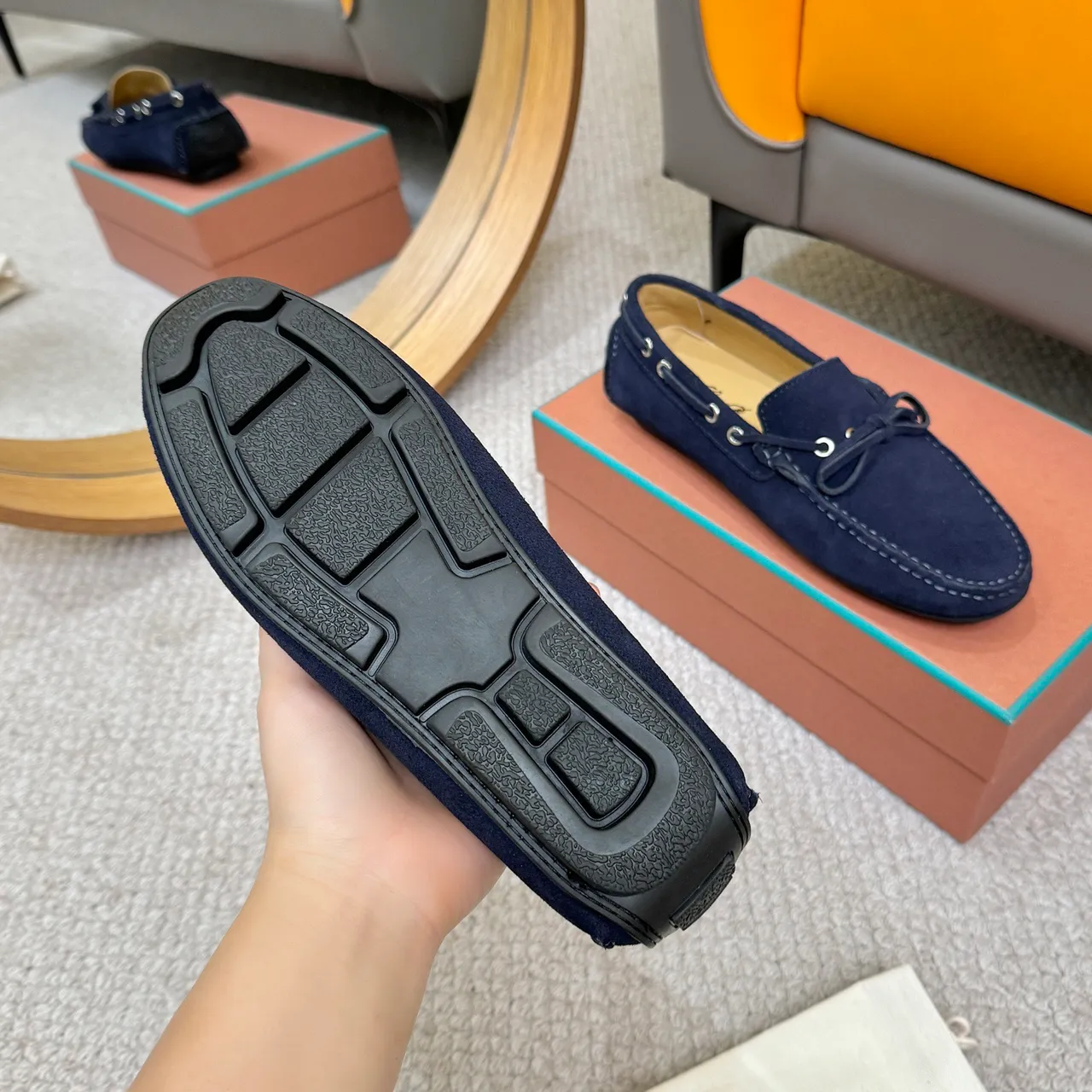 Loro Piana LP Dots Walk Navy Suede Boat Shoes 7