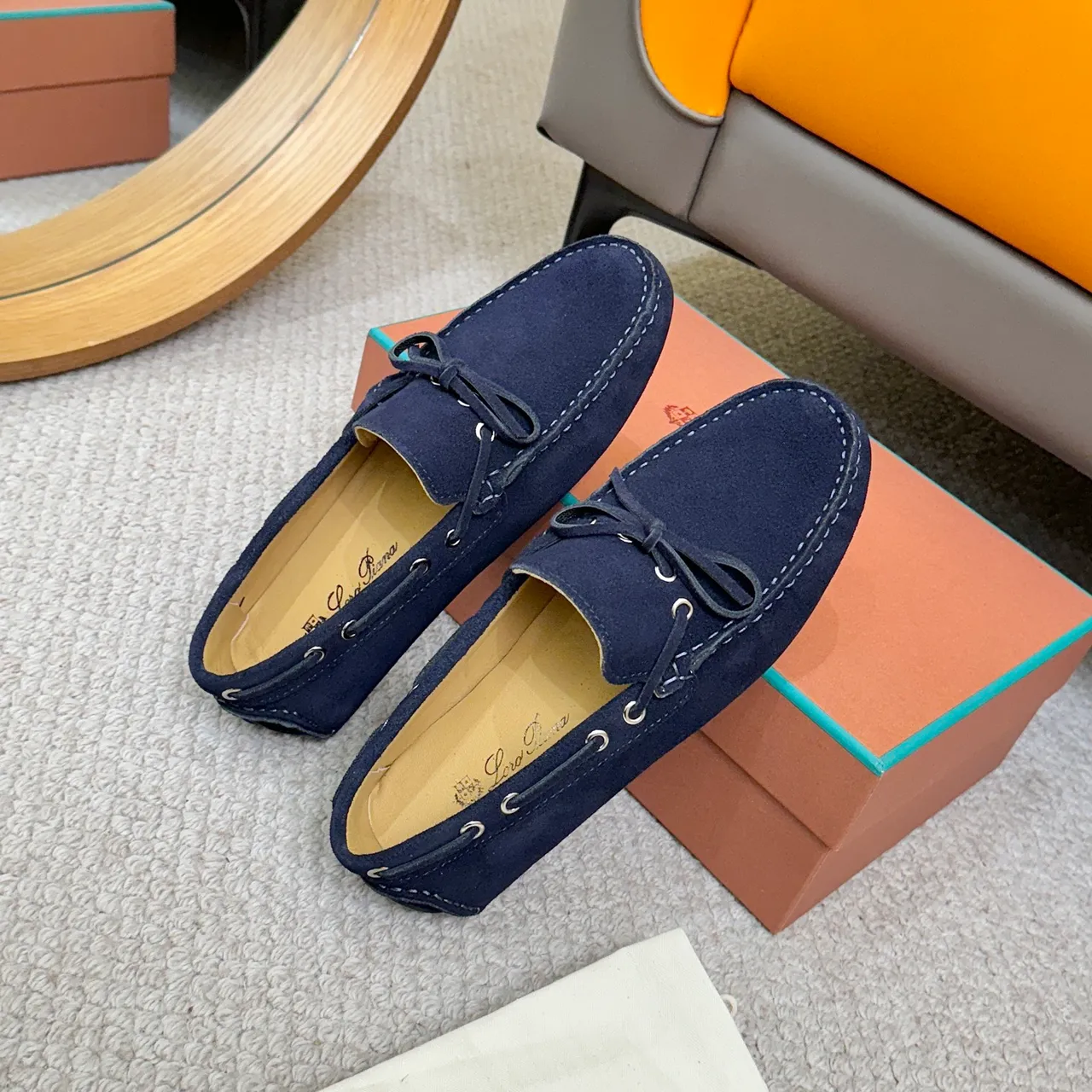 Loro Piana LP Dots Walk Navy Suede Boat Shoes 8