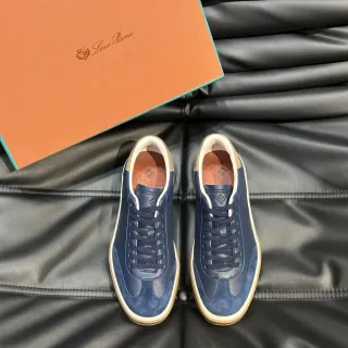 Loro Piana Navy Leather-Suede Panelled Gum Sole Lifestyle Sneakers