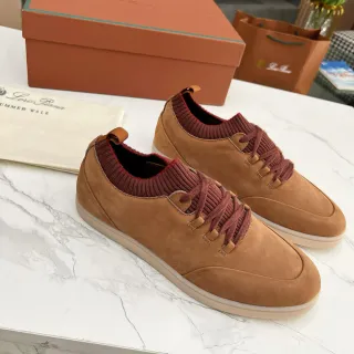 Loro Piana Tan Suede and Burgundy Knit Collar Casual Shoes