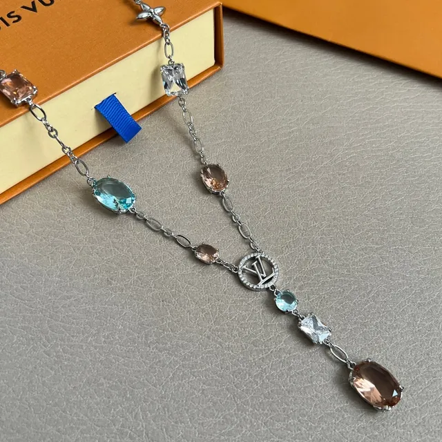 Louis Vuitton Asymmetrical Multi-Gemstone LV Logo Necklace 4
