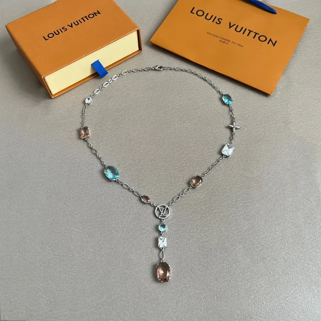 Louis Vuitton Asymmetrical Multi-Gemstone LV Logo Necklace 6