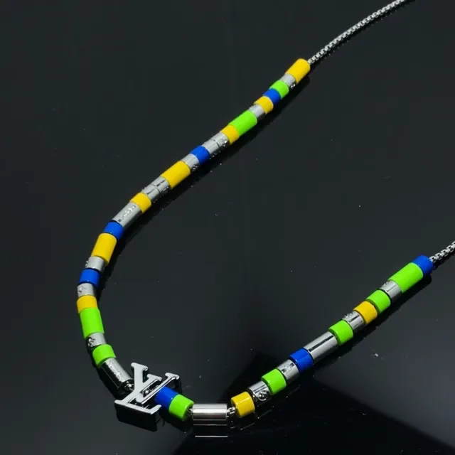 Louis Vuitton Beaded Necklace Multicolor Silver Multi-Color Cylindrical Beads LV Monogram Pendant Necklace 1