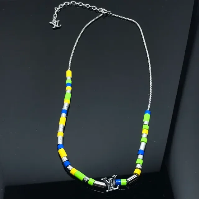 Louis Vuitton Beaded Necklace Multicolor Silver Multi-Color Cylindrical Beads LV Monogram Pendant Necklace 2