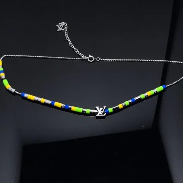 Louis Vuitton Beaded Necklace Multicolor Silver Multi-Color Cylindrical Beads LV Monogram Pendant Necklace 3