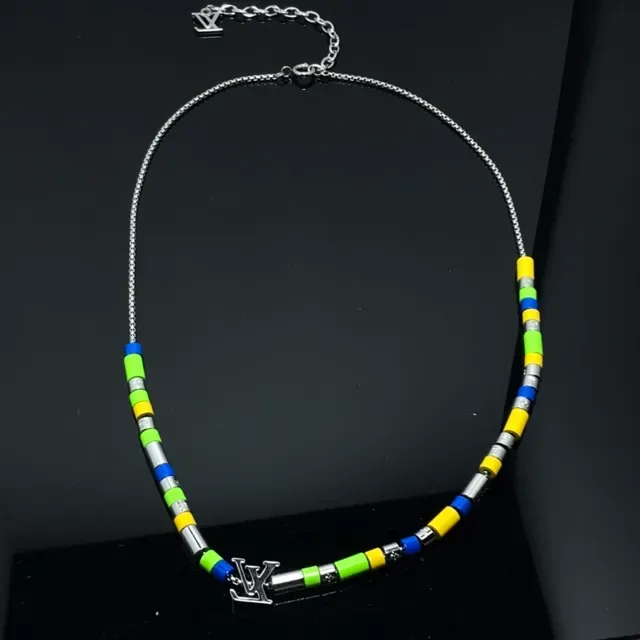 Louis Vuitton Beaded Necklace Multicolor Silver Multi-Color Cylindrical Beads LV Monogram Pendant Necklace 4