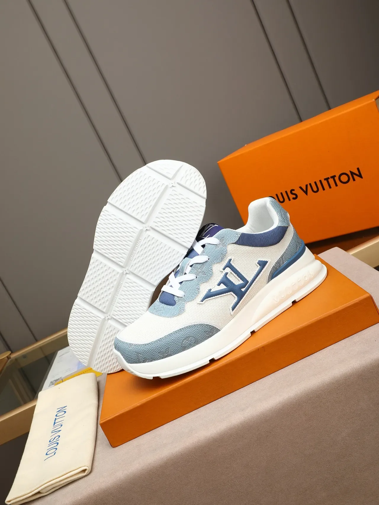 Louis Vuitton Beige Blue Monogrammed Overlay Mesh And Textured Panel Construction Chunky Sneakers 4