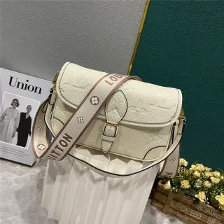 Louis Vuitton Beige Brown Embossed Monogram Leather Wide Woven Strap Saddle Bag