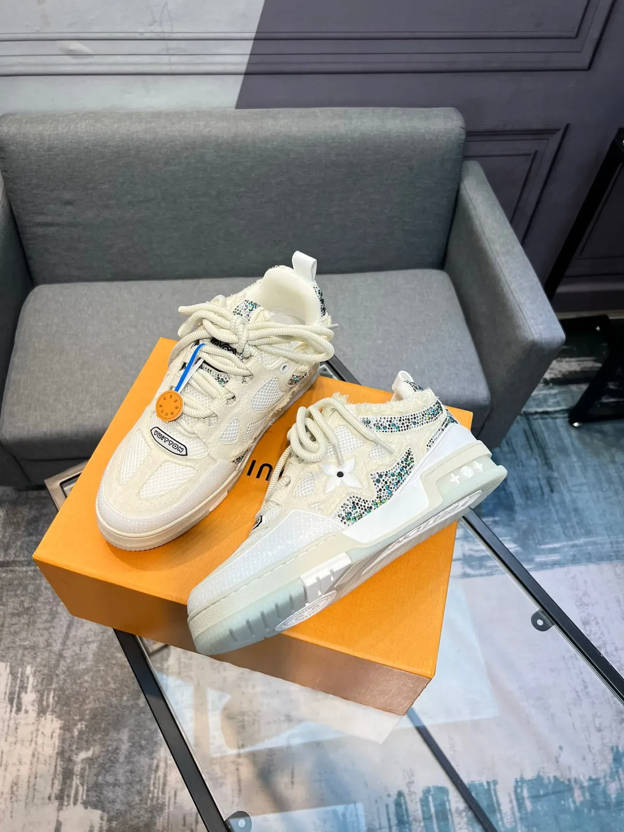 Louis Vuitton Beige Multicolor Chunky Low-Top Crystal-Embellished Lifestyle Sneakers 4