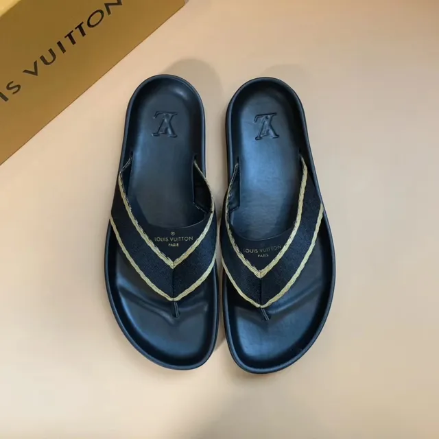 Louis Vuitton Black Beige Molded Rubber Sole Fabric Thong Strap Slippers 2