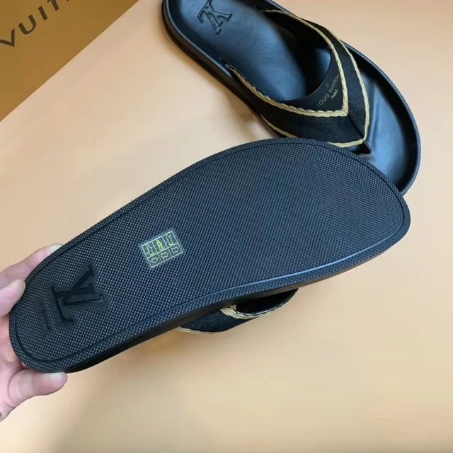Louis Vuitton Black Beige Molded Rubber Sole Fabric Thong Strap Slippers 3