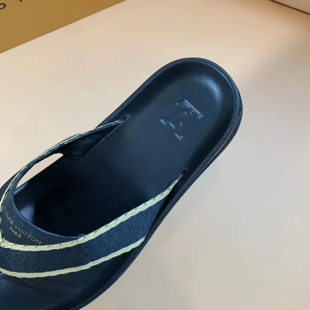 Louis Vuitton Black Beige Molded Rubber Sole Fabric Thong Strap Slippers 4