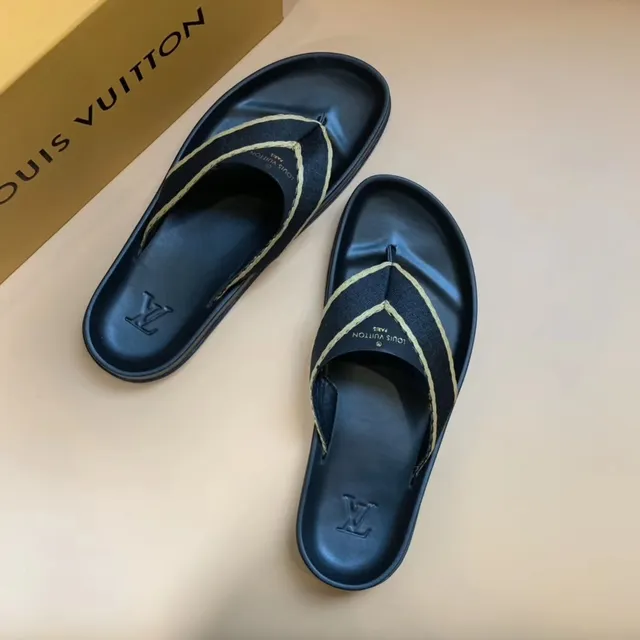 Louis Vuitton Black Beige Molded Rubber Sole Fabric Thong Strap Slippers 5