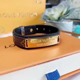 Louis Vuitton Pulsera Negra Marrón Doble Capa Cuero Monograma Lona Interior