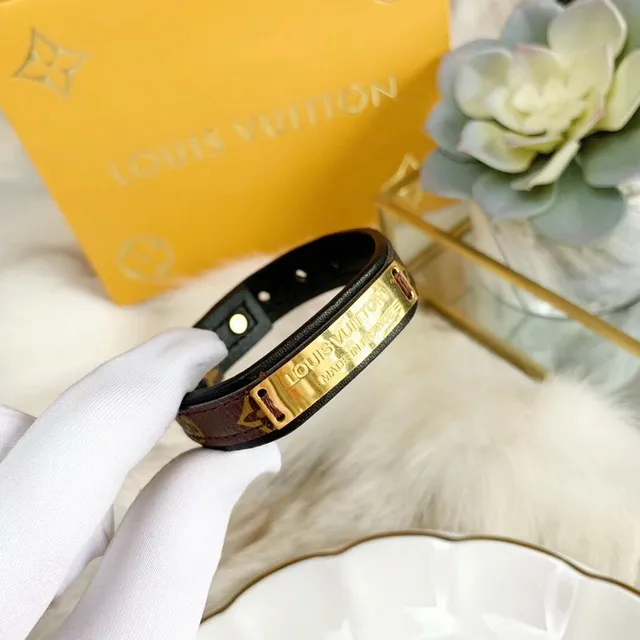 Louis Vuitton Black Brown Double-Layer Leather Monogram Canvas Interior Bracelet 4