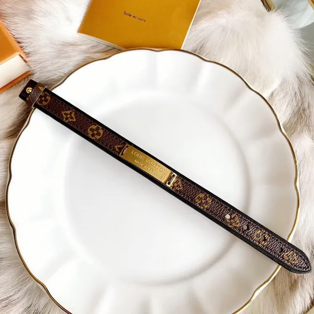 Louis Vuitton Black Brown Double-Layer Leather Monogram Canvas Interior Bracelet 7