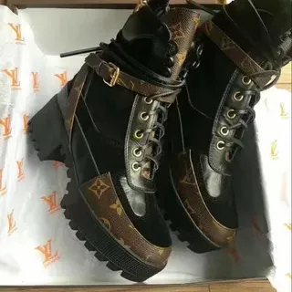 Louis Vuitton Black Brown Platform Lug Sole Monogram Canvas Panels Ankle Boots