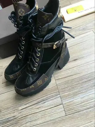 Louis Vuitton Black Brown Platform Lug Sole Monogram Canvas Panels Ankle Boots 6