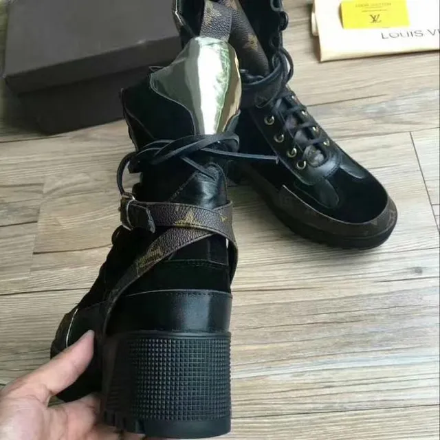 Louis Vuitton Black Brown Platform Lug Sole Monogram Canvas Panels Ankle Boots 7