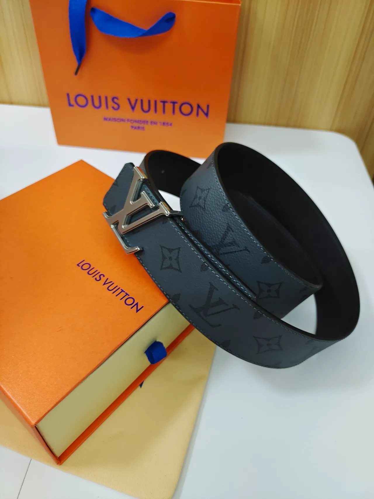 Louis Vuitton Black Silver Monogram-Coated Oversized LV Buckle Leather Belt 3