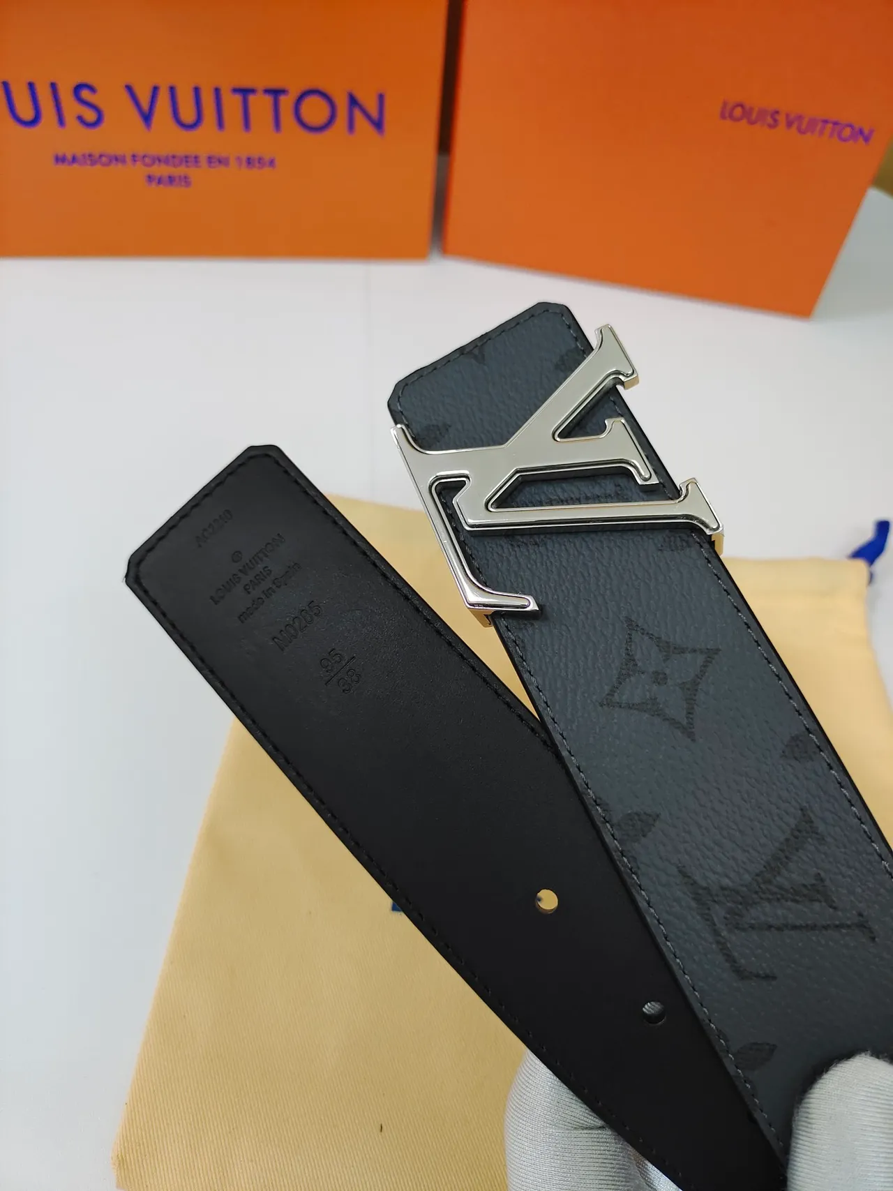 Louis Vuitton Black Silver Monogram-Coated Oversized LV Buckle Leather Belt 4